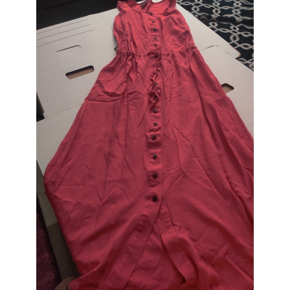 J. Jill Women's Solid Red Sleeveless Scoop Neck Button Front Jumpsuit Pockets M